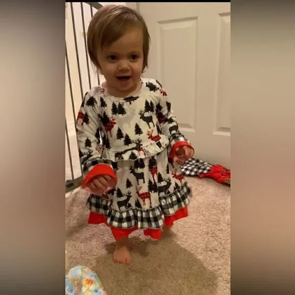 58. Girls Toddler Kids Christmas Moose Dress - Picture 2 of 3